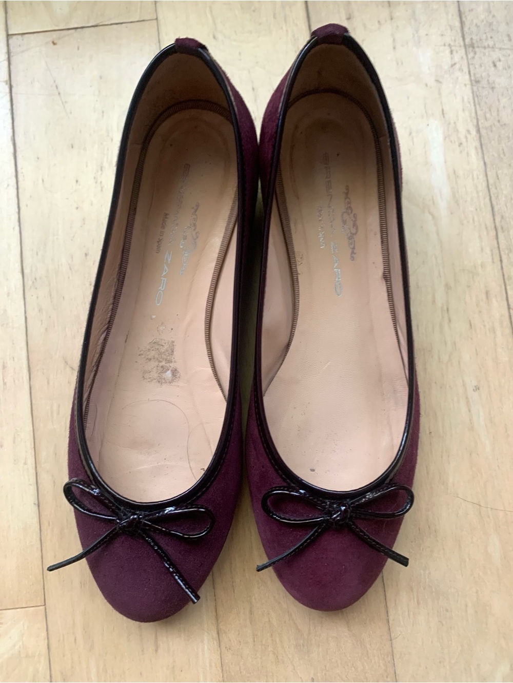 Women's Burgundy Suede Ballet Flats with Patent Trim and Bow Accent